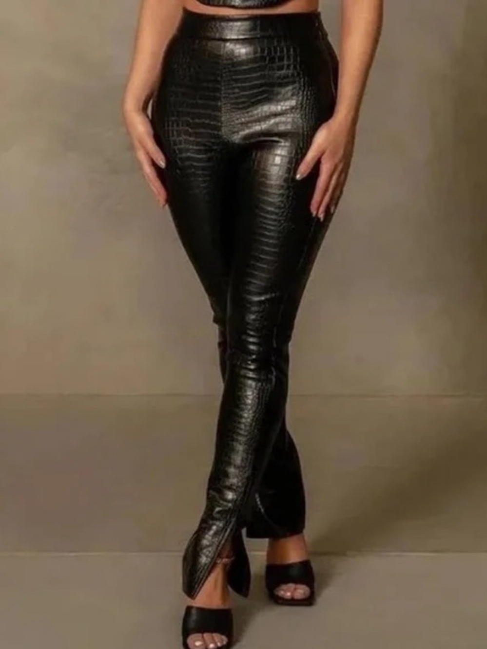 Meshki XS high rise black faux croc leather fleece lined pants skinny leggings